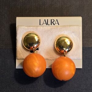 Vintage 1992 Laura Clip On Earrings Gold Tone Orange Swirl Bead Drop New NOS